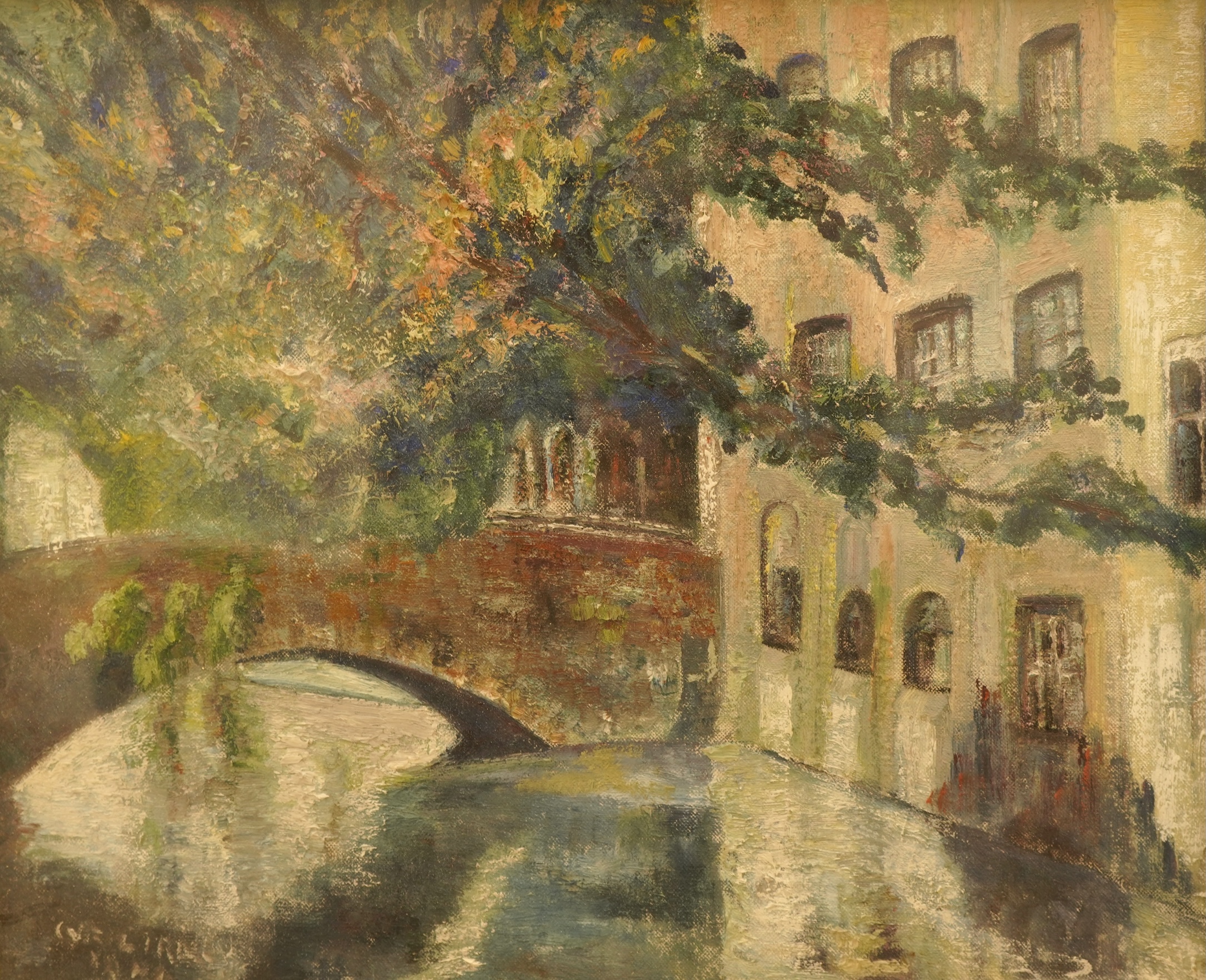 Monica Morris, Continental view with bridge over water, signed, inscribed verso, oil on canvas, 34 x 42cm, ornate frame